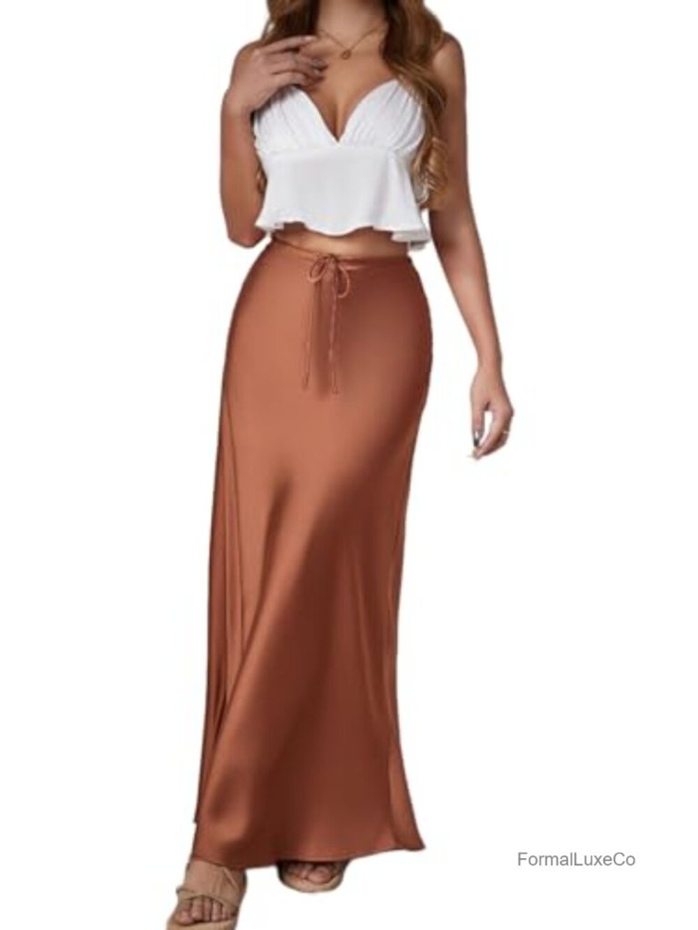 Women's Satin Maxi Skirt Drawstring A-Line Mermaid Hem Flowy Party